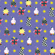 Holiday gift wrap with a walking parade of snowmen and presents on a purple background