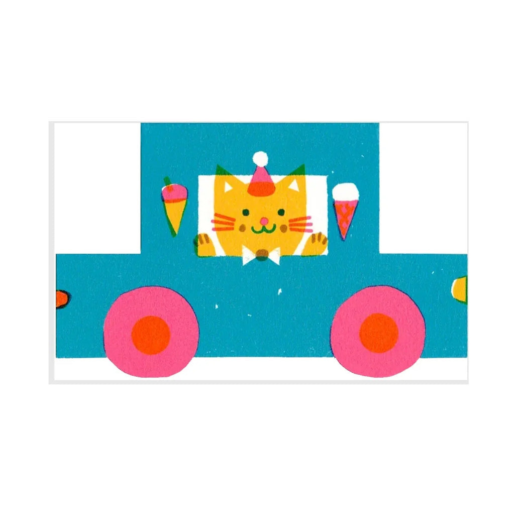 Party Cat Little Blue Car Die Cut Greeting Card