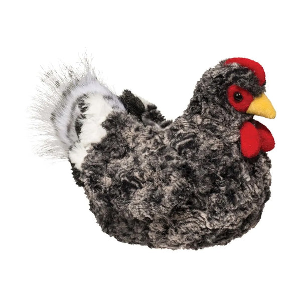 Children's stuff toy of a black hen with red comb and yellow beak
