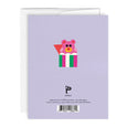 The back of a greeting card in lavender with a colorful illustration of a bear in a box and the paperole logo below.