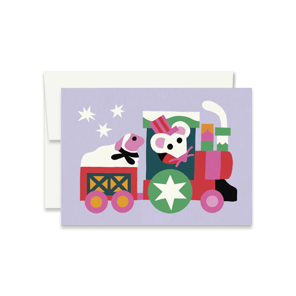 Holiday greeting card in lavender with a colorful illustration of a mouse driving a small train with a sheep in the back.