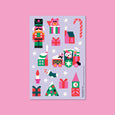 Sticker sheet in lavender with colorful illustrations of holiday trees, presents, nutcracker, candles, and a small train illustration showing a mouse driving a tiny train with sheep in back.