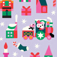 Sticker sheet in lavender with colorful illustrations of presents, candles, and a small train illustration showing a mouse driving a tiny train with sheep in back.