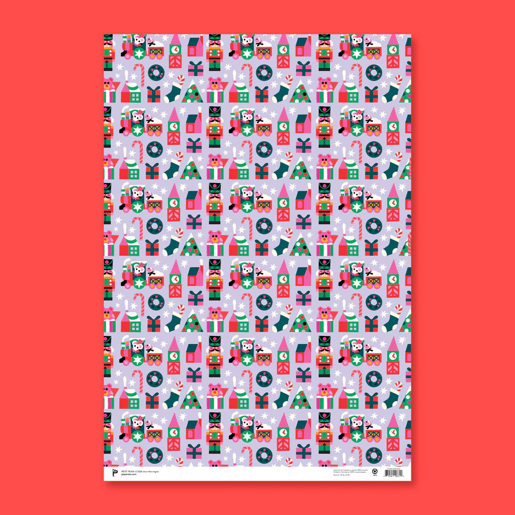 Small train gift wrap with holiday trees, presents and a small train illustration showing a mouse driving a tiny train.