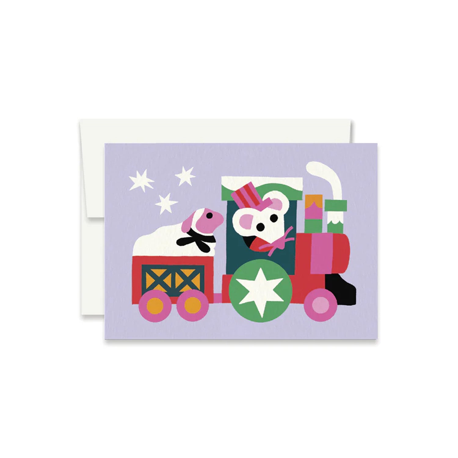 Holiday greeting card in lavender with a colorful illustration of a mouse driving a small train with a sheep in the back.