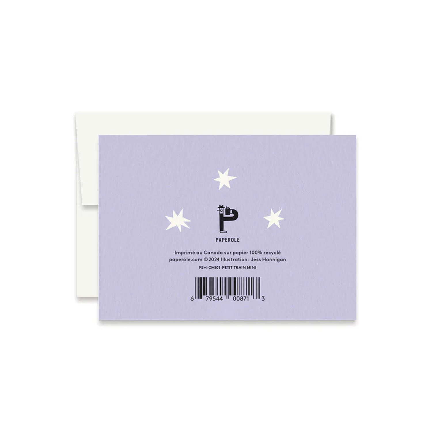 Back of a greeting card with white stars and the paperole logo on a lavender background.