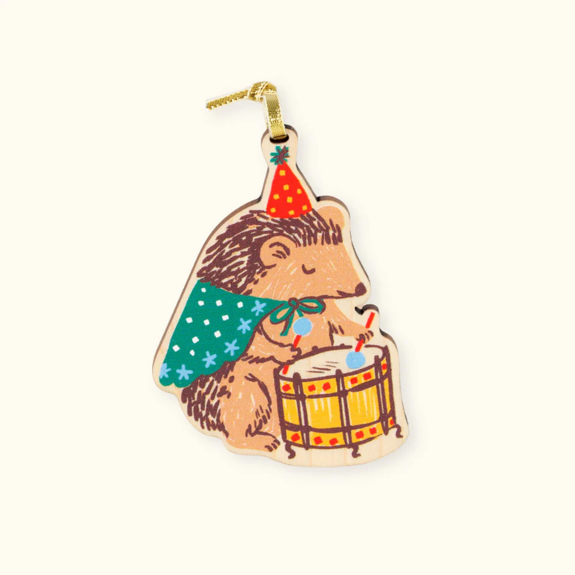 Phoebe Wahl Holiday Ornament with a hedgehog playing the drums