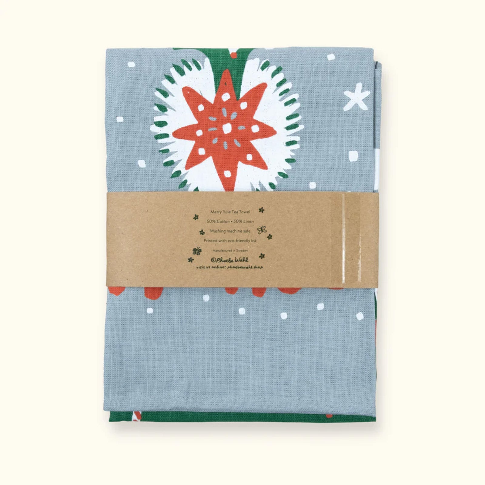 Phoebe wahl Merry Yule tea towel in an eco friendly package with simple paper band