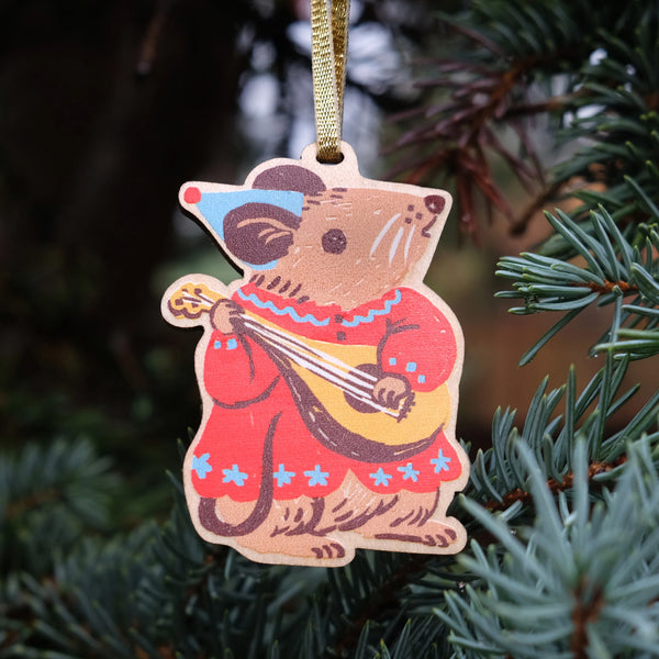 Phoebe Wahl Holiday Ornament with a mouse playing an instrument