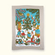 Tea towel with drawings by Phoebe Wahl of animals and people dancing and singing around a holiday tree