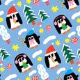 Gift wrap with illustrations of three penguins wearing winter hats holding a present, a candy cane and and an ice cream cone all on a bright blue background with stars, mushrooms and pine trees.