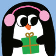 Weatherproof glossy sticker of a holiday penguin holding a present and wearing pink earmuffs.