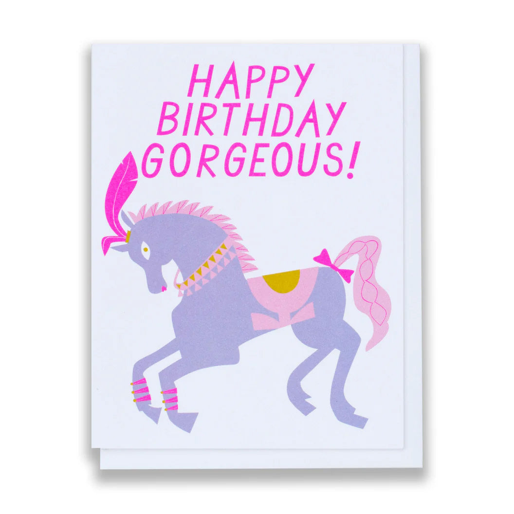 Pretty Pony Birthday Greeting Card that says "Happy Birthday Goregous" in Pink Letters with a purple and pink pony by Banquet Workshop