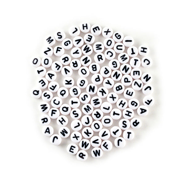 Round Alphabet Beads - White with Black Letters