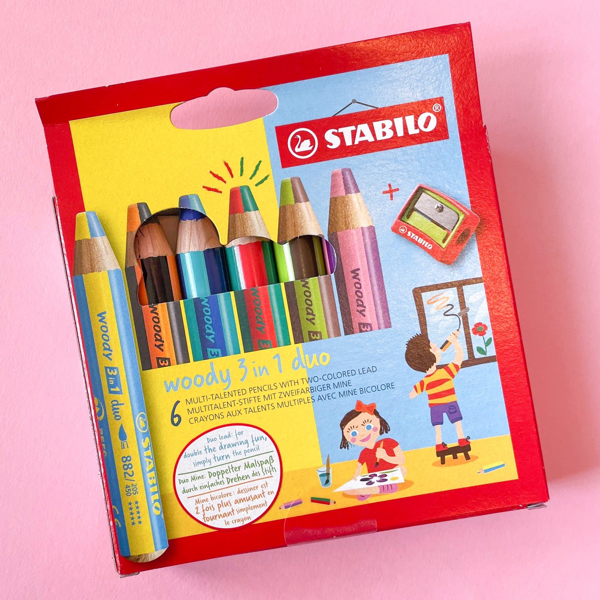 Stabilo Woody 3 in 1 Crayon Pencils in DUO Colors in a set of 6 with a sharpener