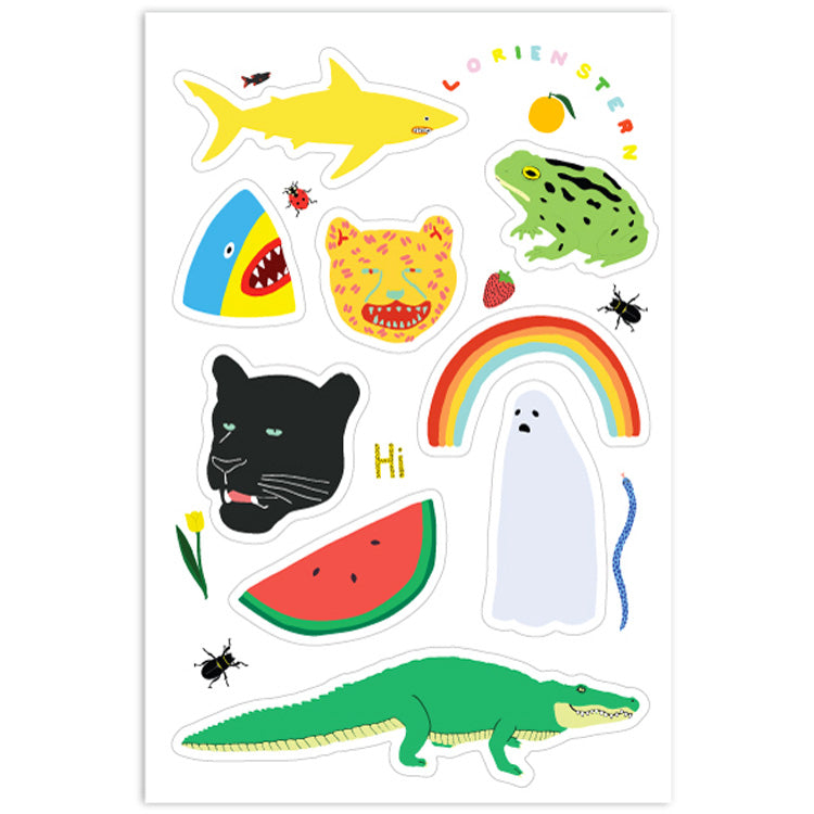 Sticker Sheet with Sharks, Ghosts, Frogs, Rainbows, Watermelon, Leopards, Alligators and more