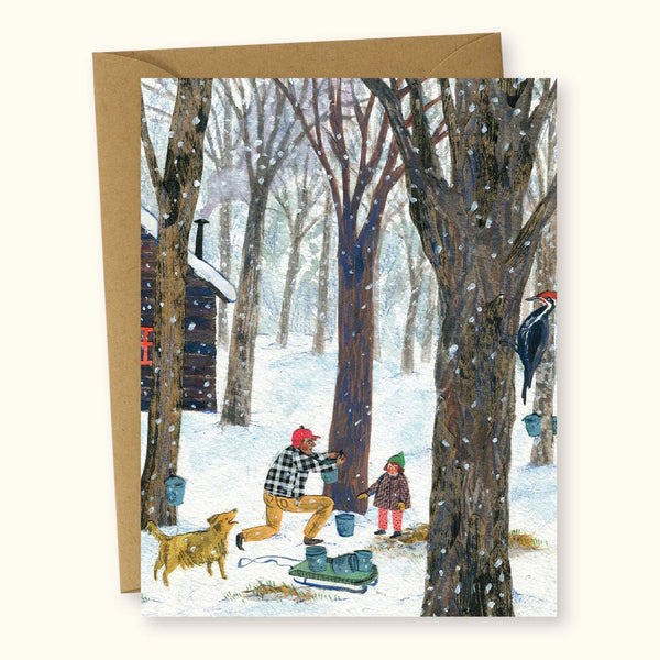 Sugaring Greeting Card with a father and daughter gathering maple syrup in the forest on a snowy day