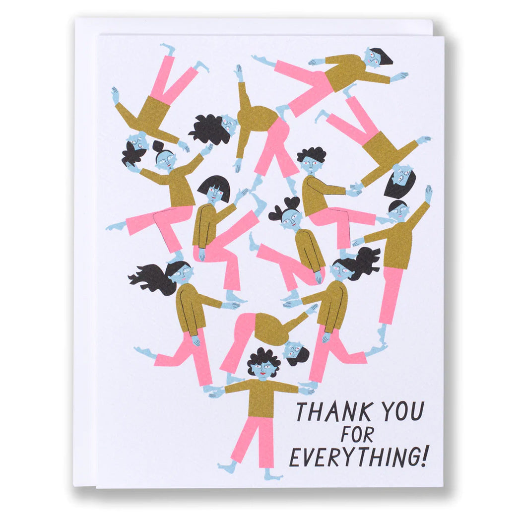 Note card with a pile up of cute blue faced humans with one person holding them up with text that says: "Thank You For Everything"