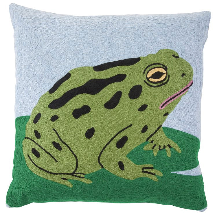 Toad at the Pond Throw Pillow Case with a bright green frog on a lily pad against a blue background
