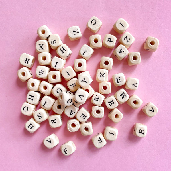 Wood Cube Alphabet Beads - Natural with Black Letters