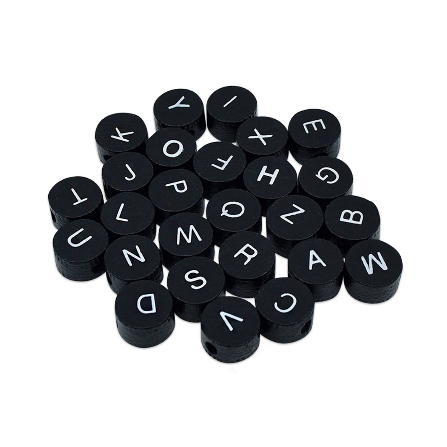 Wood round alphabet beads black with white letters collage collage