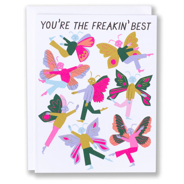 You're the Freakin' Best Black text Note Card with a group of fairies in bright greens, pinks and yellows