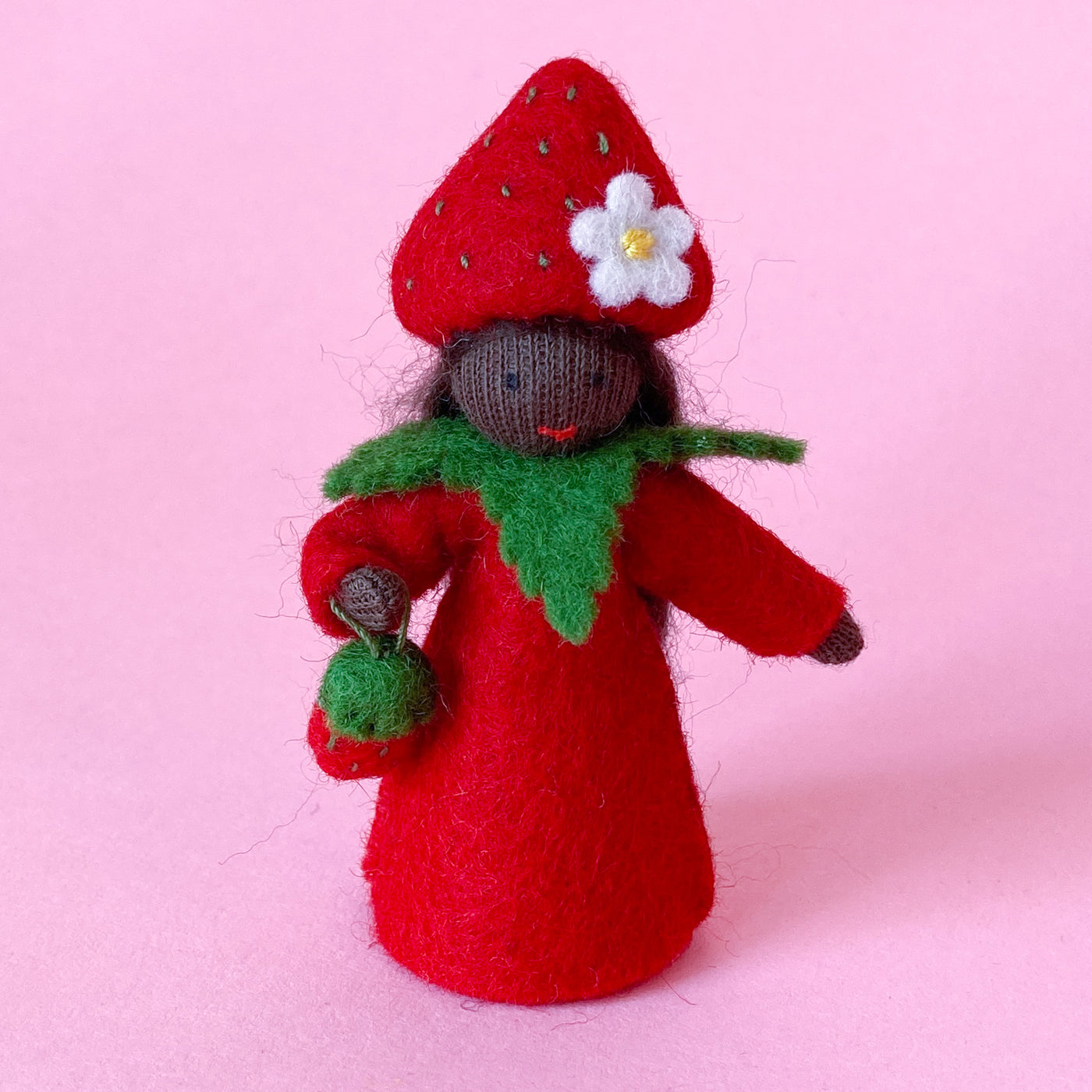 Strawberry Flower Fairy - Wool Felt Doll Dark Skin 4