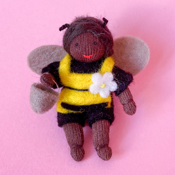 Hanging Honey Bee Baby with Apron and Pollen Pail - Wool Felt Doll Dark Skin 4