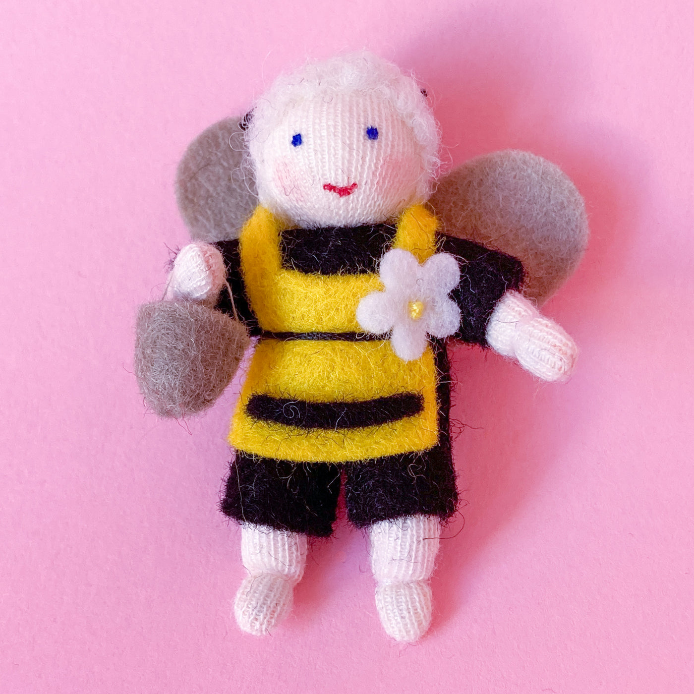 Hanging Honey Bee Baby with Apron and Pollen Pail - Wool Felt Doll Fair Skin 1