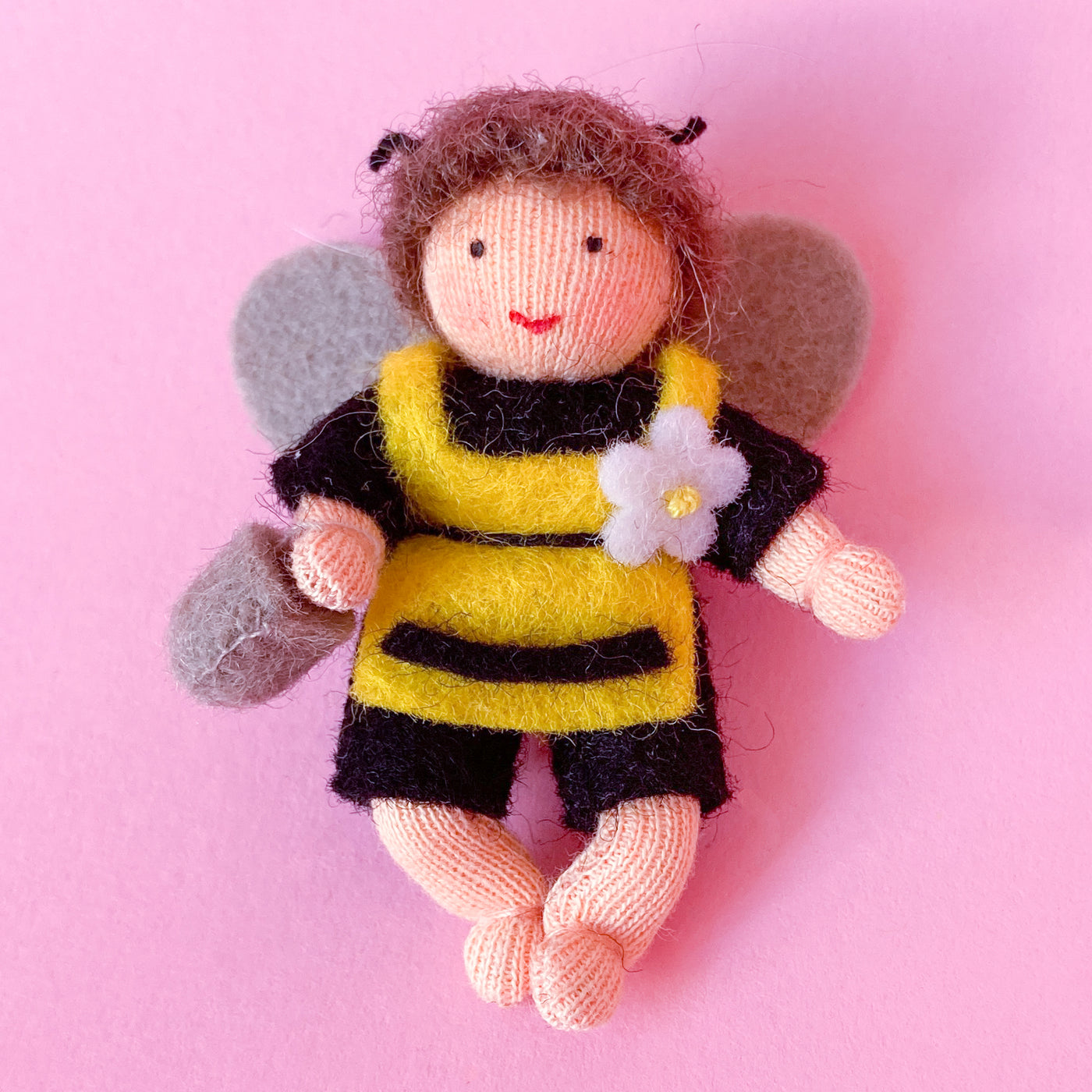 Hanging Honey Bee Baby with Apron and Pollen Pail - Wool Felt Doll Light Skin 2