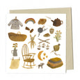 Baby Days Greeting Card with illustrations of kettles, tea, knitting, rabbit toys, rocking chair, blankets, basket, and more