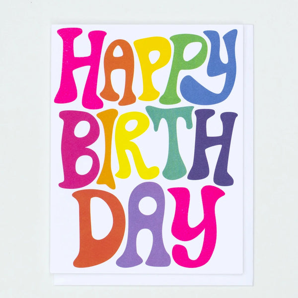 Bubble Rainbow Letters Happy Birthday Greeting Card in rainbow colours by Banquet workshop