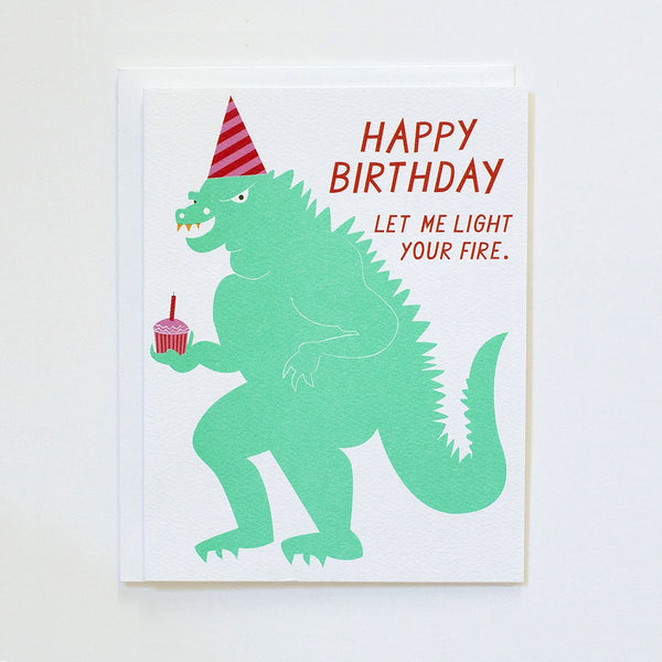 Happy birthday let me light your fire with Godzilla by Banquet Workshop