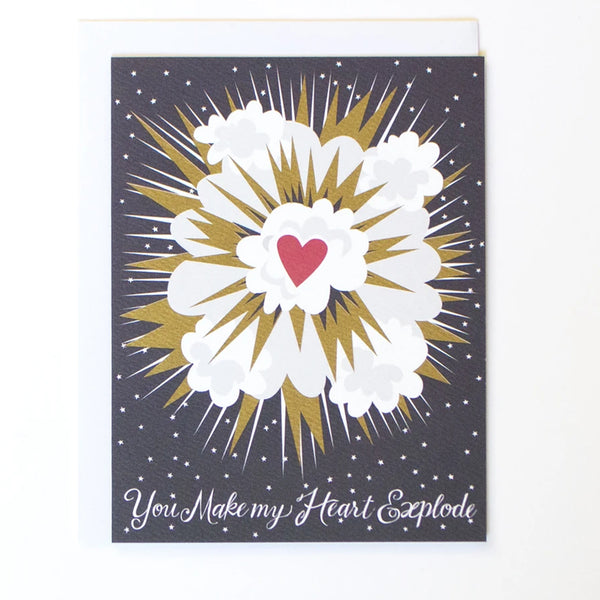 Greeting card in blue and gold with the words "You Make my Heart Explode" by Banquet Workshop