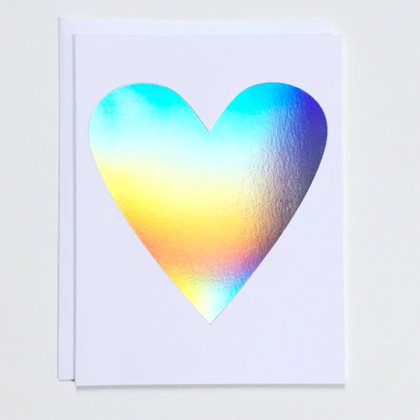 Greeting card with a large Hologram Foil heart on white paper by Banquet Workshop