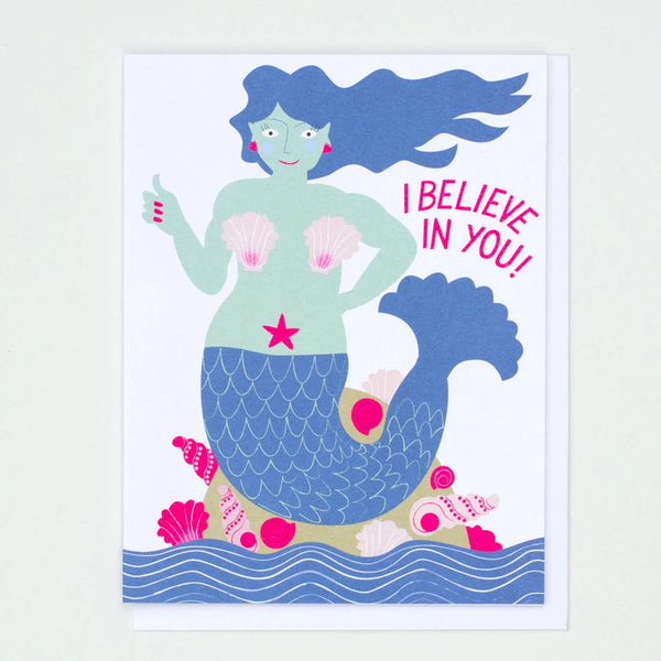 I Believe in You Mermaid Greeting Card in blues and pinks by Banquet Workshop