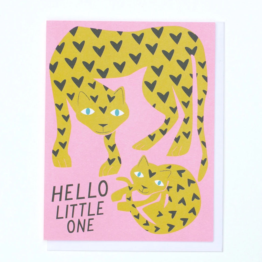 Lovely Leopard for a New Baby Greeting Card with the text "Hello Little One" with Yellow adult and baby Leopard Illustration by Banquet Workshop