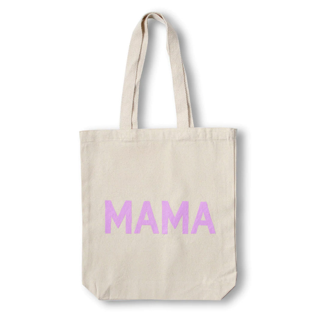 Natural canvas tote bag with extra-long handles and the words "Mama" in big lavender pink letters