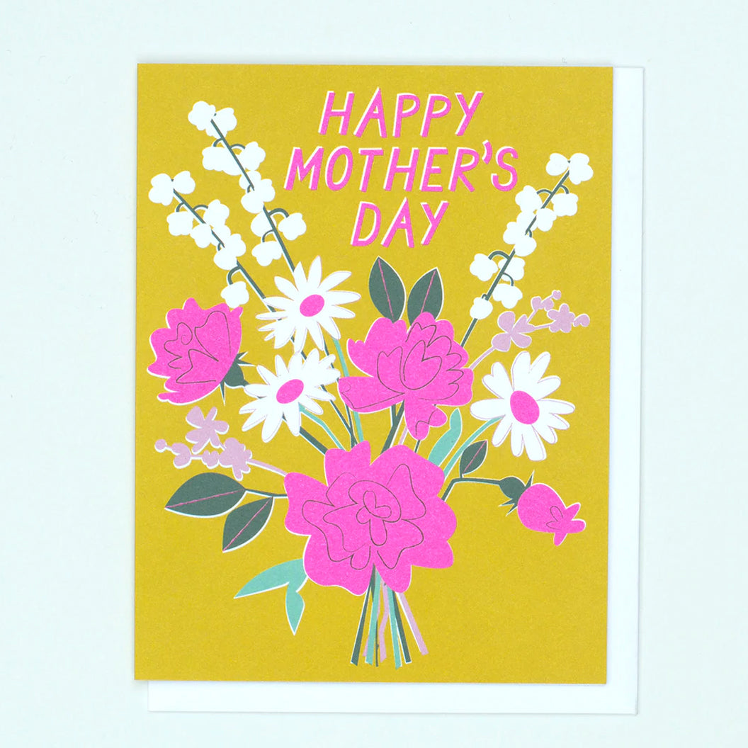 Greeting Card in deep yellow with an illustration of a pink and white flower bouquet with the words "Happy Mother's Day" in pink letters