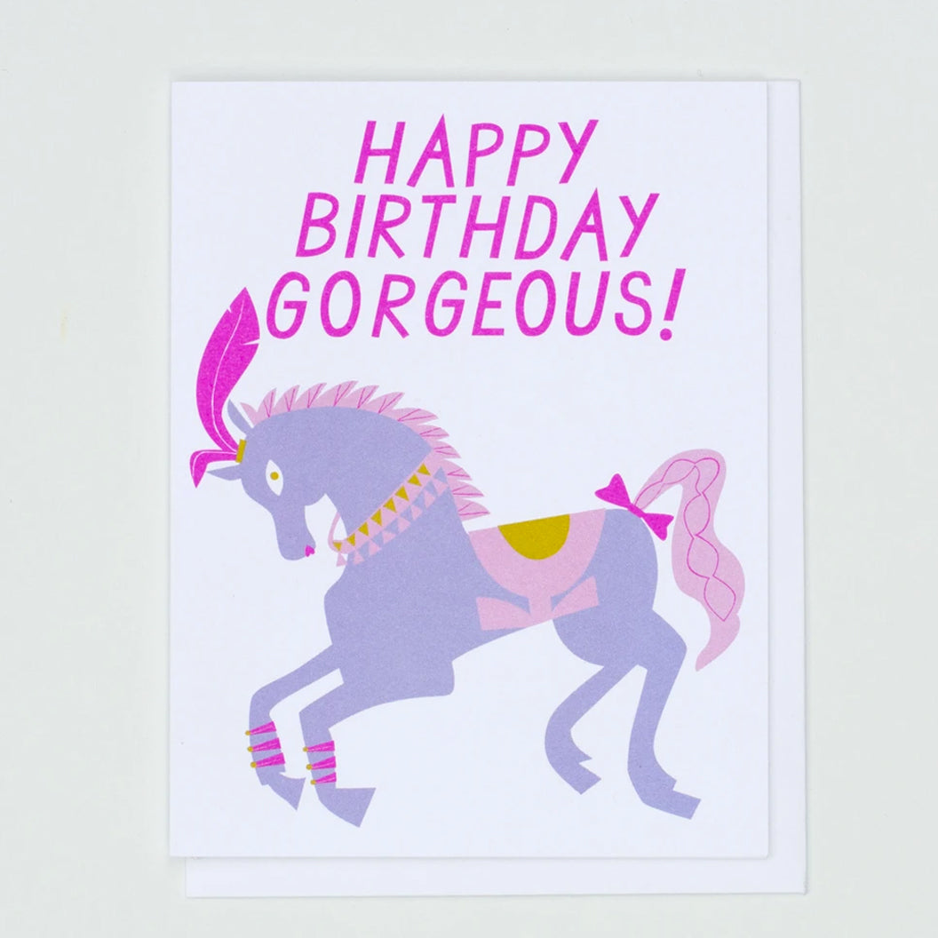 Pretty Pony Birthday Greeting Card that says "Happy Birthday Goregous" in Pink Letters with a purple and pink pony by Banquet Workshop