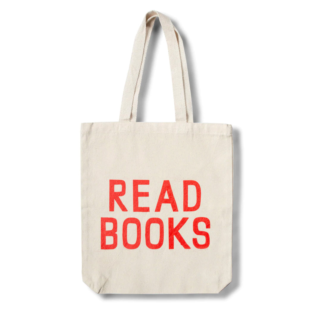 Natural canvas tote bag with extra-long handles and the words "Read Books" in big red letters