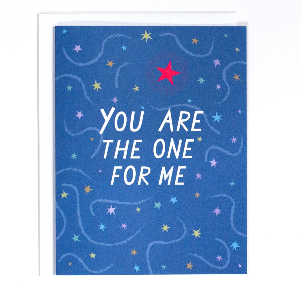 Greeting Card in blue with stars and the text "You are the One For Me" by Banquet Workshop