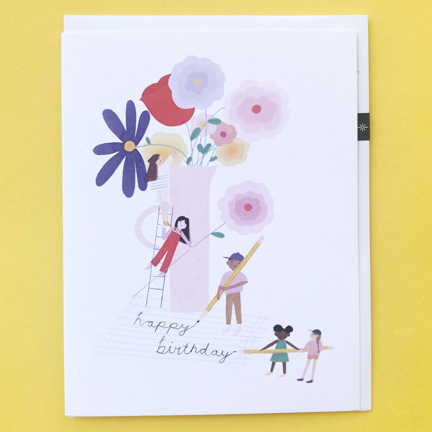Illustration of flowers in a pink vase with children drawing the words Happy Birthday underneath