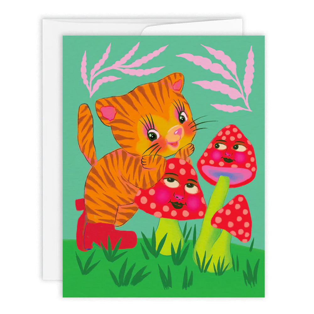 Champignons / Mushroom Greeting Card with a drawing or bright red mushrooms, orange cat on a green background