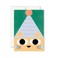 Chat / Cat Mini Birthday Greeting Card with an illustration of an orange cat wearing a light blue party hat on a green background