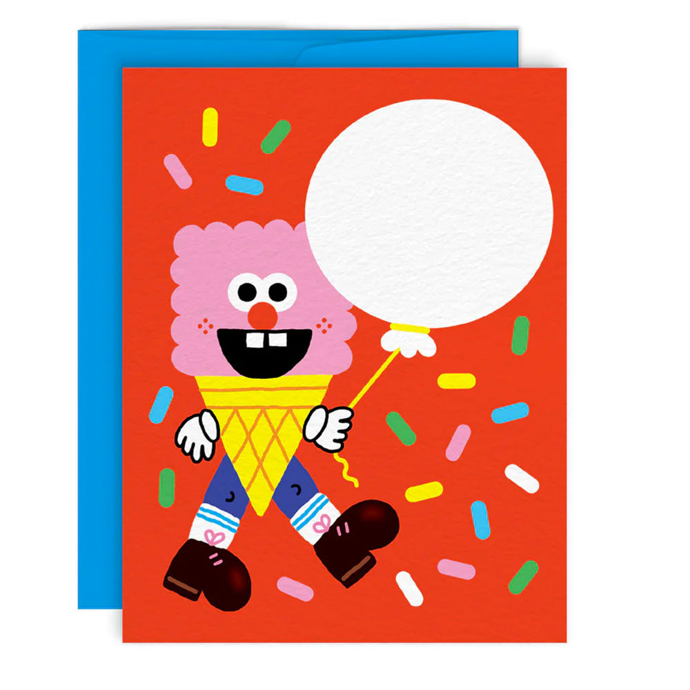Confettis Greeting Card with a drawing of a walking icecream cone carrying a balloon on a red background with confetti