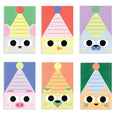 Six different Animal Birthday Invitation Postcards with illustrations of various animals wearing party hats in bright colours