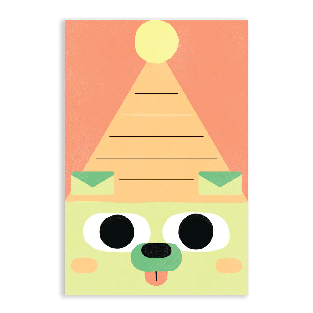 Animal Birthday postcard with an illustration of a green dog wearing a party hat on an orange background