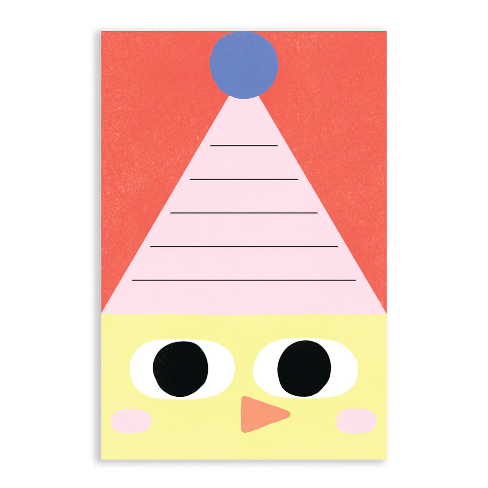 Animal Birthday postcard with an illustration of a yellow chick wearing a party hat on a red background