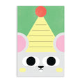 Animal Birthday postcard with an illustration of a grey mouse wearing a party hat on a green background